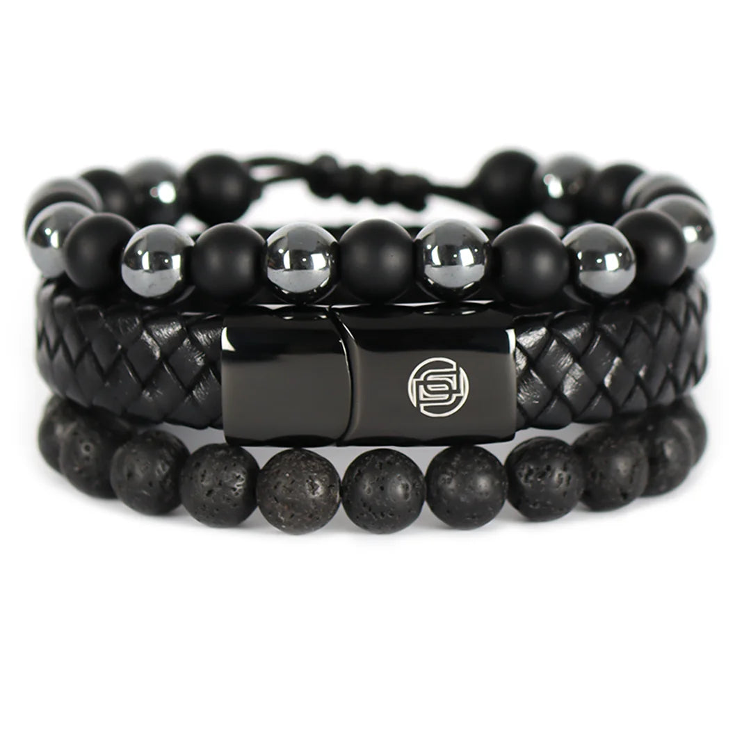 Combo Cuero Negro + Dos (02) Pulseras Tejidas