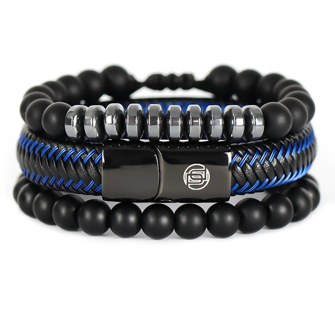 Combo Cuero Negro y Azul + Dos (02) Pulseras Tejidas
