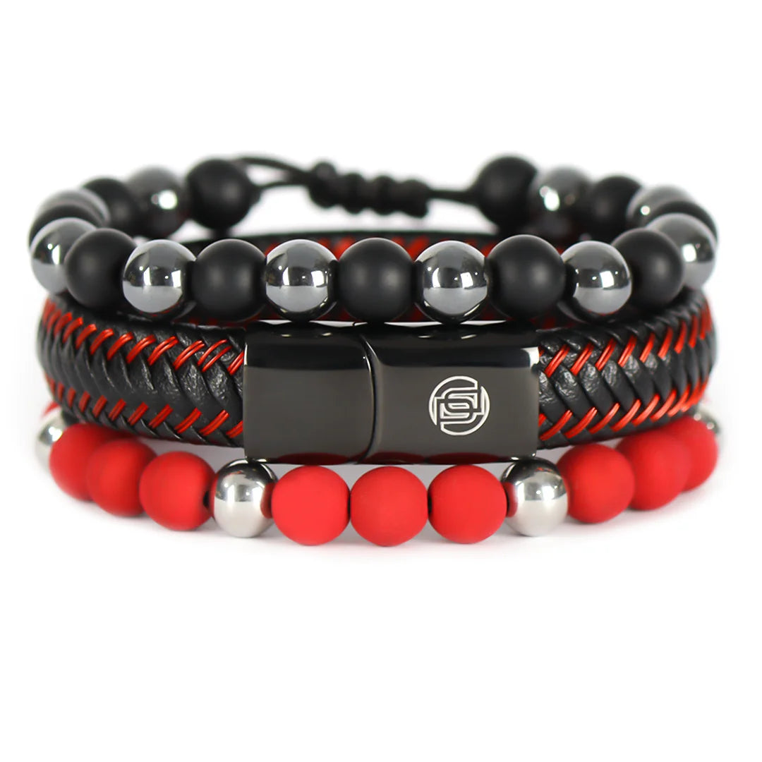 Combo Cuero Negro y Rojo + Dos (02) Pulseras Tejidas