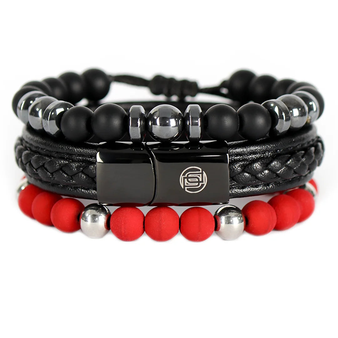 Combo Cuero Negro + Dos (02) Pulseras Tejidas