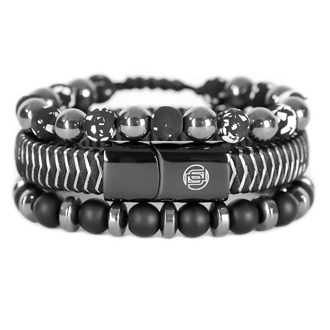 Combo Cuero Negro y Plateado + Dos (02) Pulseras Tejidas