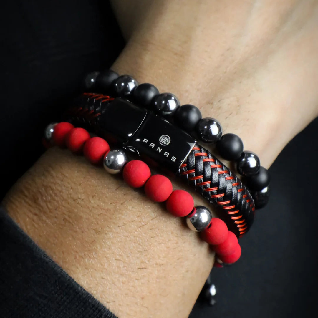 Combo Cuero Negro y Rojo + Dos (02) Pulseras Tejidas