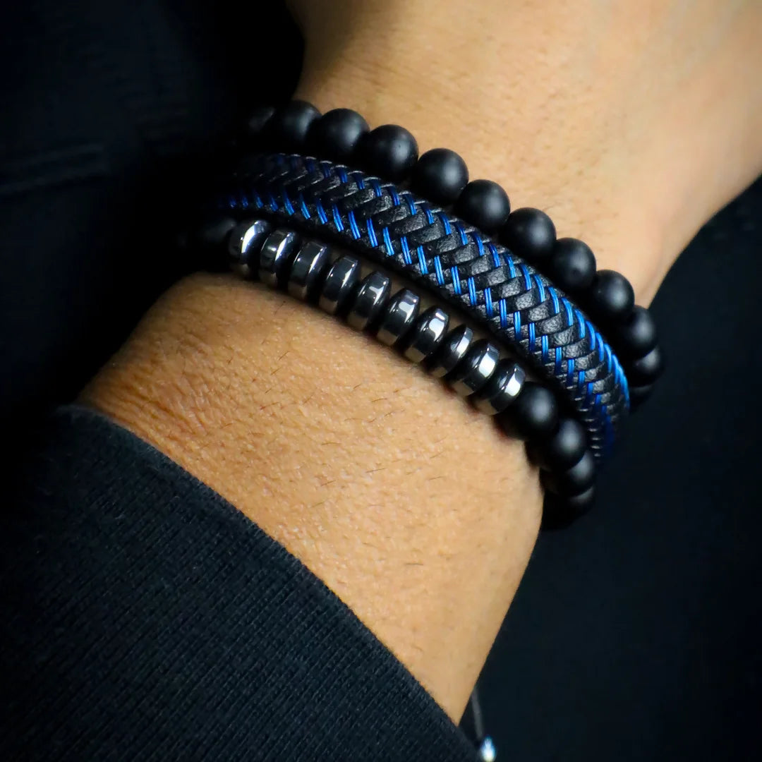 Combo Cuero Negro y Azul + Dos (02) Pulseras Tejidas