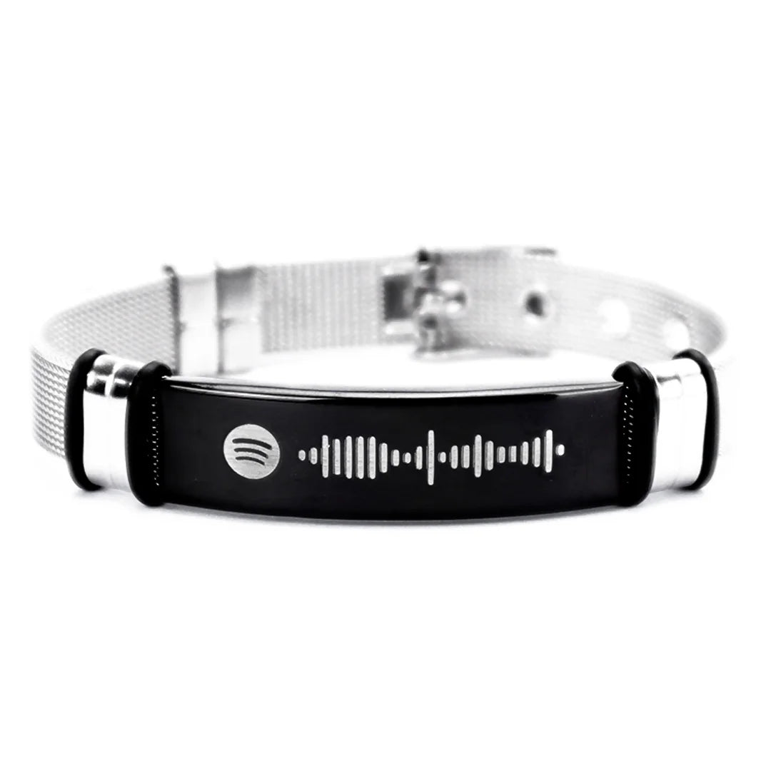 Pulsera Plateado y Negro con Grabado Spotify, Ajustable y Unisex