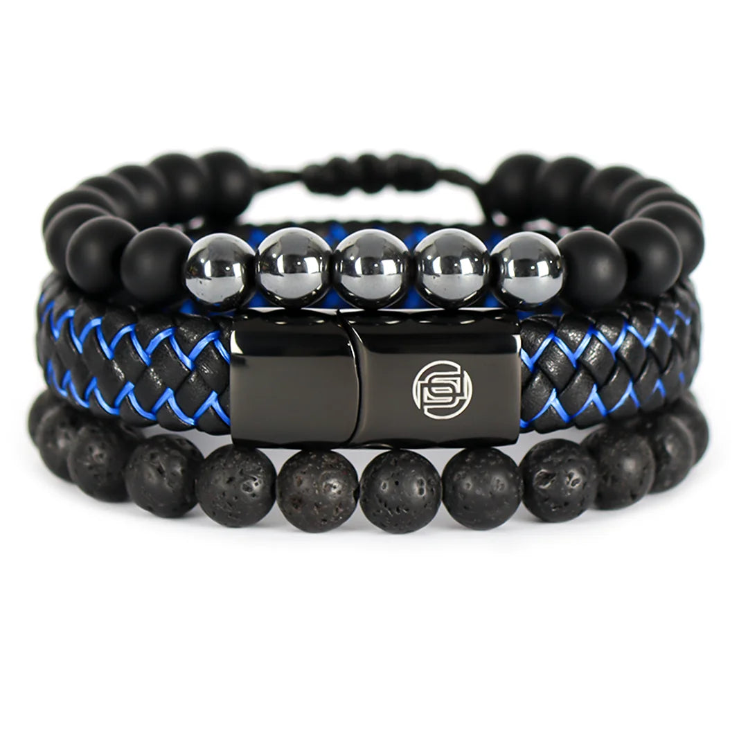 Combo Cuero Negro y Azul + Dos (02) Pulseras Tejidas