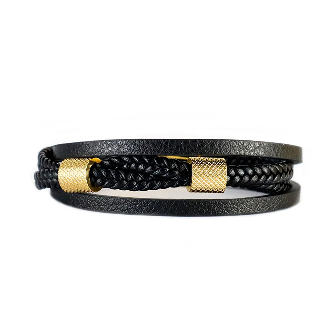 Brazalete de Cuero Trenzado con Acero Inoxidable Dorado