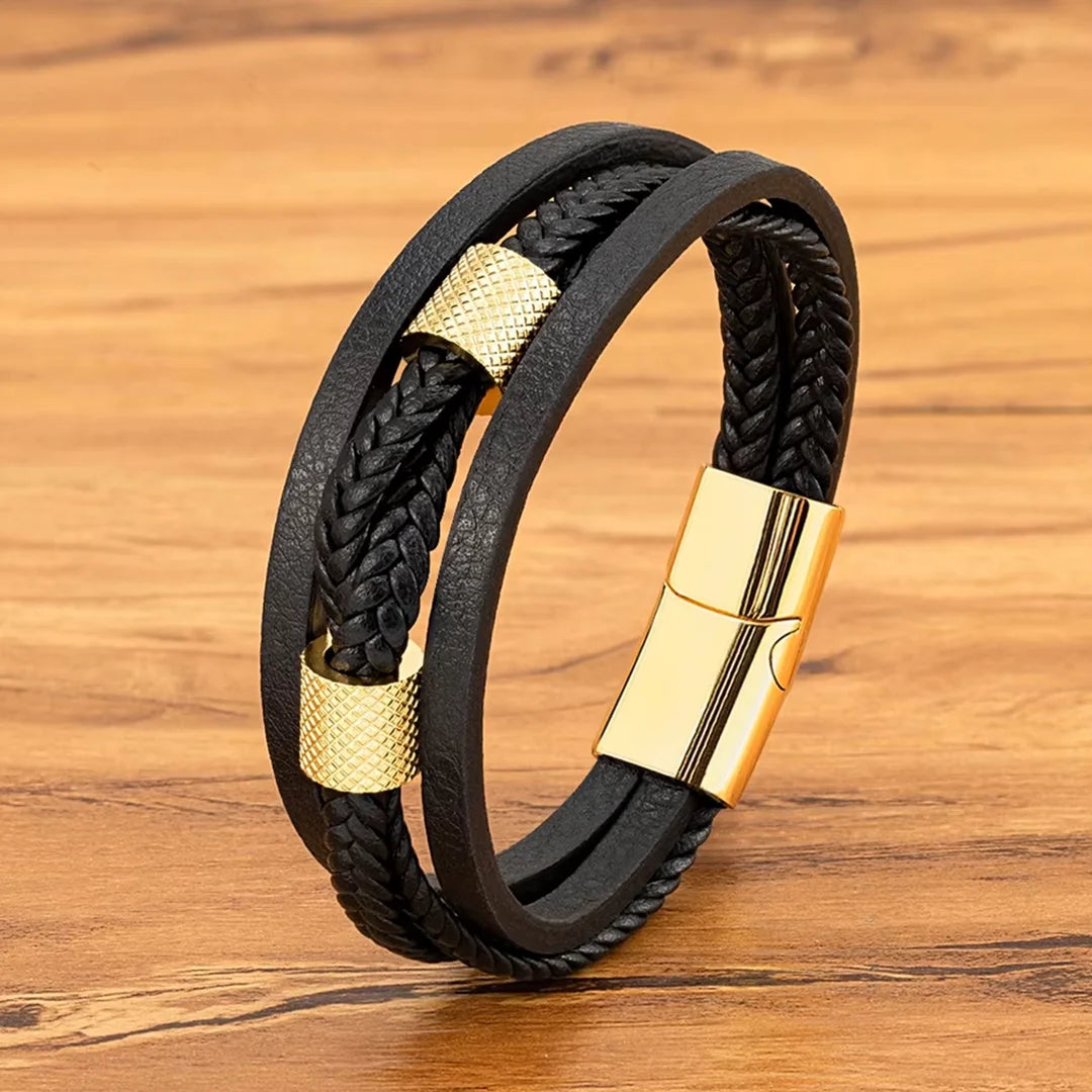 Brazalete de Cuero Trenzado con Acero Inoxidable Dorado