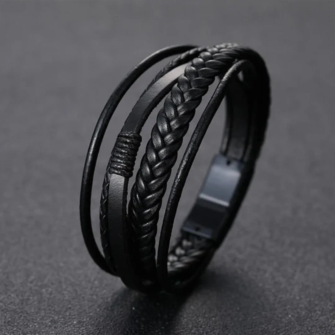Brazalete de Cuero Negro Trenzados Múltiples