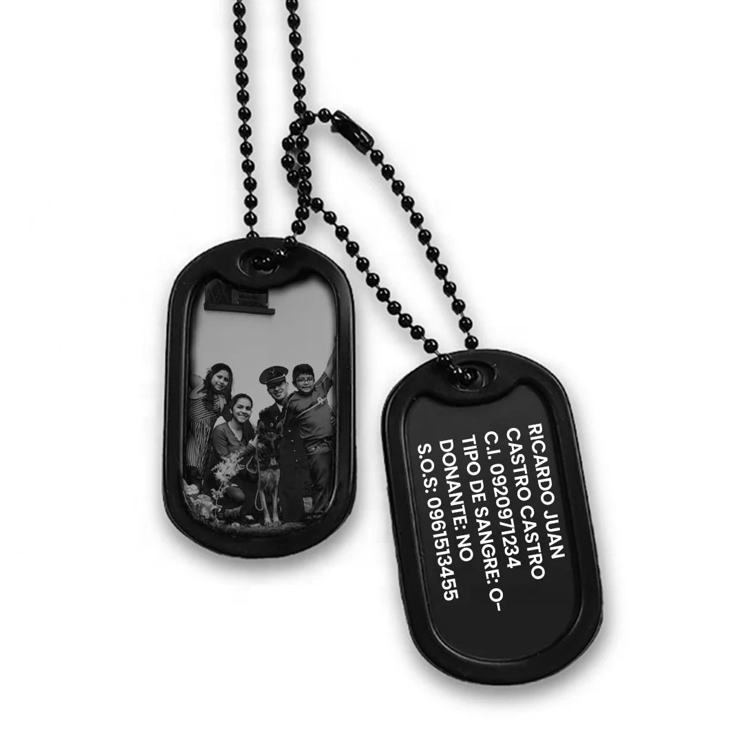 Cadena Placa Militar - Policial - Seguridad para Identificación Negra con Grabados Personalizados